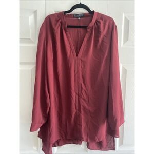 Eloquii Burgundy Semi Sheer Career Blouse Size 20 Long Sleeve V Neck Flowy